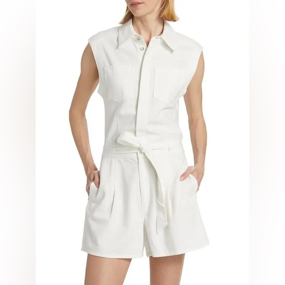 Rag & Bone Eliza Denim Sleeveless Belted Romper in White | Size S - Picture 4 of 11